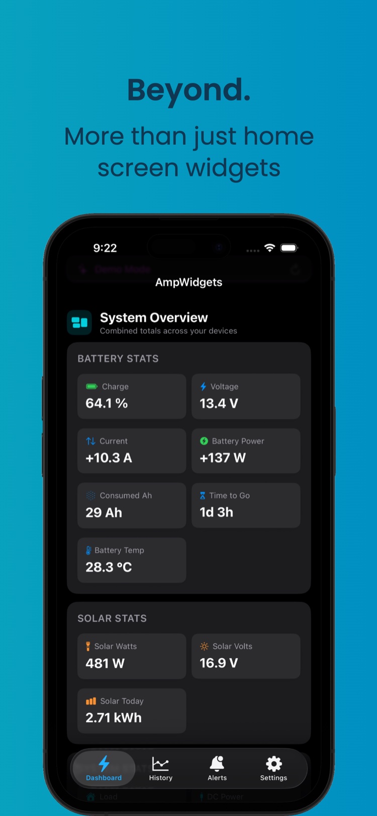 In-app dashboard with combined battery and solar stats